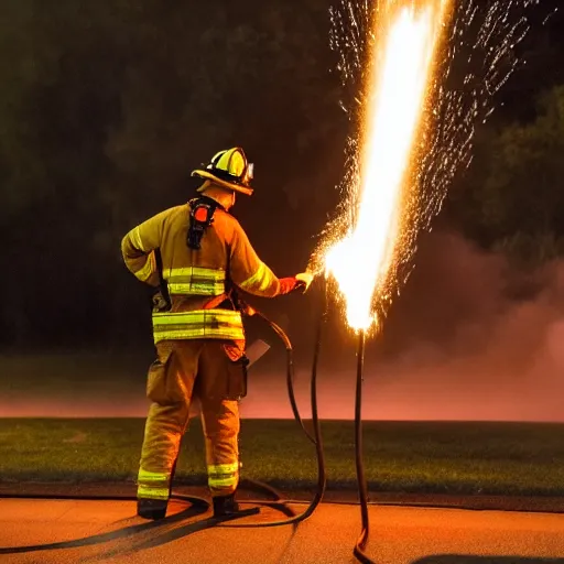 Image similar to photo of a firefighter using a flamethrower projecting a long flame. highly-detailed