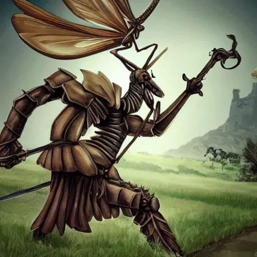 Image similar to knight fighting a giant mantis, epic battle