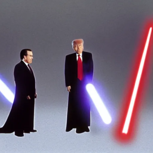 Prompt: still of richard nixon and donald trump as master and apprentice sith lords, star wars episode i ( 1 9 9 9 )