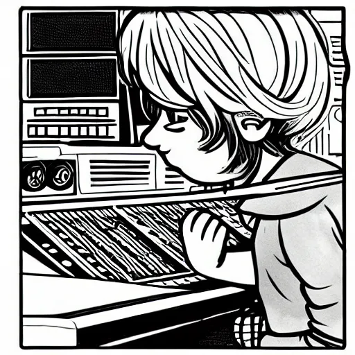 Prompt: beautiful detailed comic style illustration using only black, white and Magenta, of a young child using a longsword to chop a music studio mixing console in half