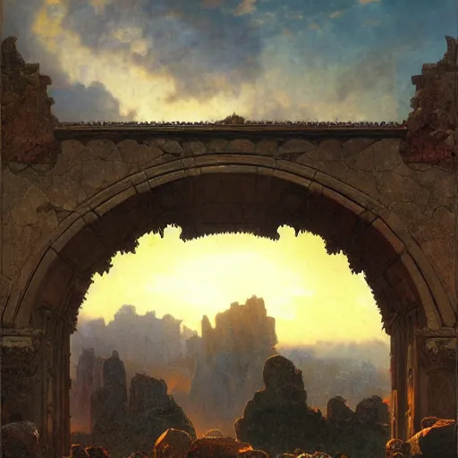 Image similar to colossal gate made of dark stone with sunset showing through high walls, epic scale, oil painting by gerome, mucha, artstation, 4 k