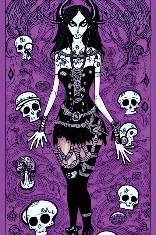 Prompt: fantasy comic style full body portrait of a gothic fairy surrounded by skulls and mushrooms, in the style of wendy pini and Æon Flux, intricate, fine inking lines, extremely detailed, flat colors