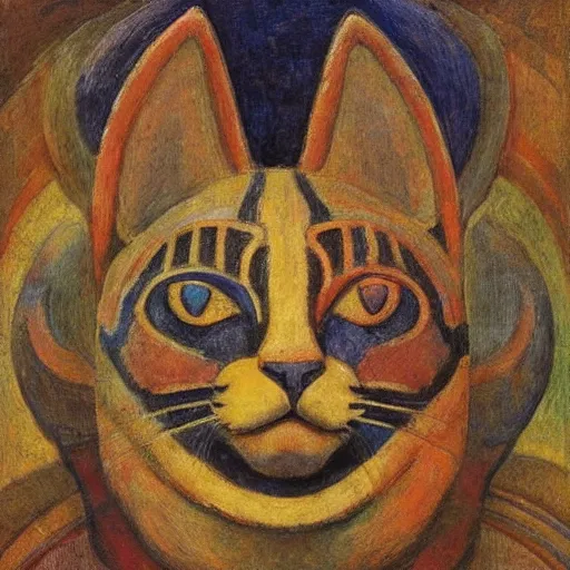 Image similar to ancient polychrome sculpture of a sacred cat head, by annie swynnerton and diego rivera and nicholas roerich and jean delville, symbolist, dramatic lighting, god rays, elaborate geometric ornament, art brut, rich colors, smooth sharp focus, extremely detailed, adolf wolfli