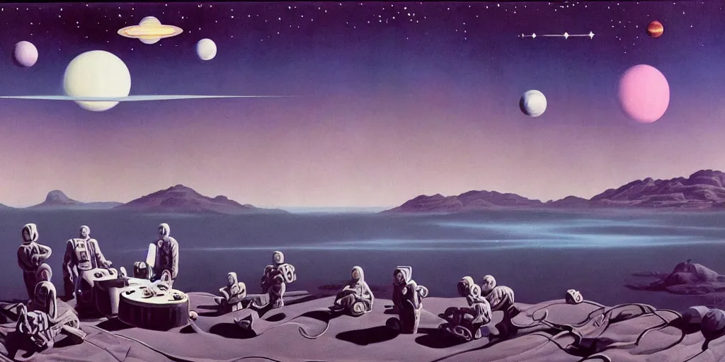 Image similar to surreal painting by chesley bonestell!!, twelve astronauts sitting by the river with a big holiday cake + psychedelic vegetation + purple, pink, blue + planets and stars + mystical fog, vintage sci - fi style of the 5 0 s, rule of the third!!!!, line graphics, 8 k, super detail, high quality