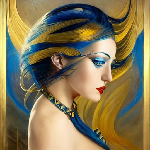 Image similar to a woman with blue and gold hair, an art deco painting by karol bak, featured on cgsociety, gothic art, poster art, art deco, tarot card