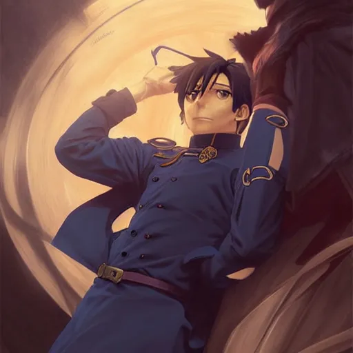 Image similar to Roy Mustang from Fullmetal Alchemist, fantasy, intricate, elegant, highly detailed, digital painting, artstation, concept art, matte, sharp focus, illustration, art by Artgerm and Greg Rutkowski and Alphonse Mucha