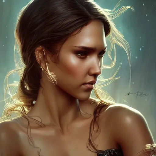 Image similar to beautiful young jessica alba, closeup, d & d, fantasy, intricate, elegant, highly detailed, digital painting, artstation, concept art, matte, sharp focus, illustration, art by artgerm and greg rutkowski and alphonse mucha