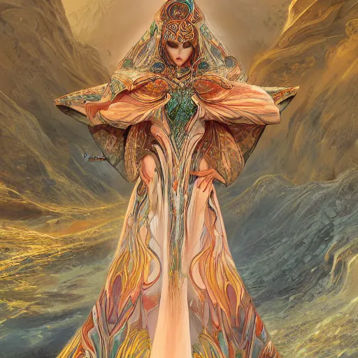 Prompt: a beautiful woman wearing algerian kaftan full body by alex gray and android jones , Karol Bak, Ayami Kojima, Amano , concept art, character design, fantasy,3D, 8k resolution