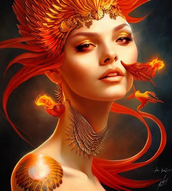 Image similar to phoenix goddess, fiery tattoos, portrait, digital art by artgerm and karol bak