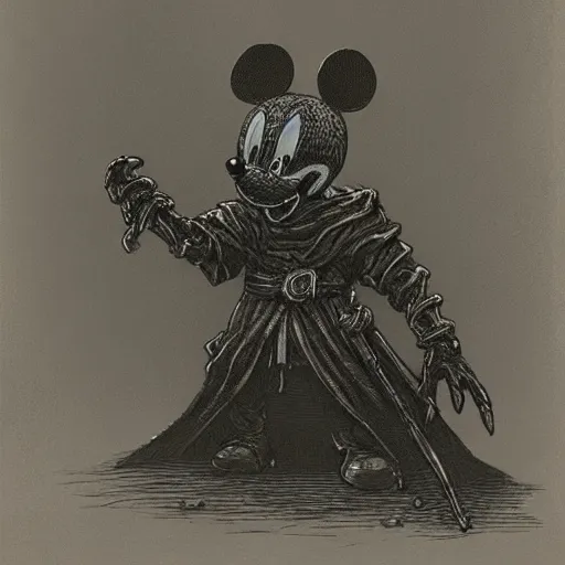 Prompt: Mickey mouse as a dark souls boss by gustave dore