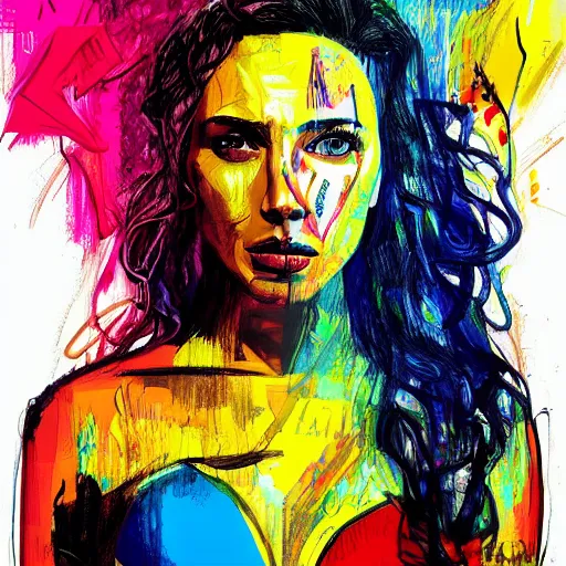 Prompt: colorful sketch, ultra detailed, fashion, magic, beautiful woman, appearance of gal gadot and scarlett johansson, surreal, in style of jean - michel basquiat, trending on artstation