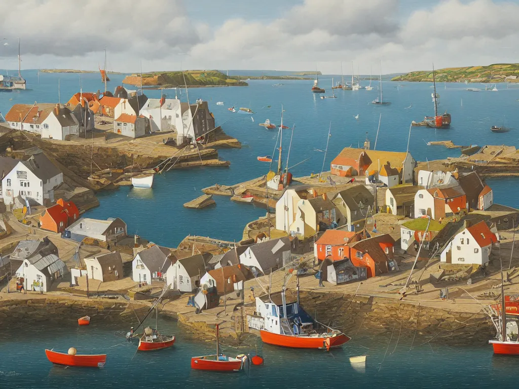 Image similar to a detailed gouache painting illustration of a typical English coastal fishing harbor, by Michiel Schrijver, ultra-hd, sharp focus, isometric