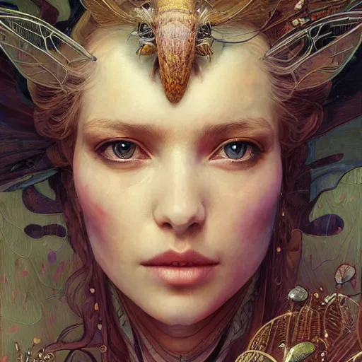 Prompt: hyperdetailed portrait of beautiful queen's moth armored girl. highly detailed portrait, digital painting, sharp foccus ilustration, artstation hq. intricate, elegant. wlop, greg rutkowski, alphonse mucha,. dan mumford, rossdraws, marc simonetti. background by repin. abstract collage. full height. louise zhang.