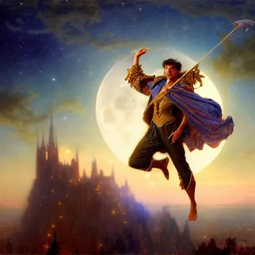 Image similar to attractive male wizard magically floating and flying high in the night sky, fantasy, full moon in background. highly detailed painting by gaston bussiere, craig mullins, j. c. leyendecker, mid shot, 8 k