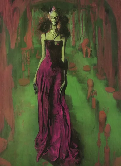 Prompt: a skinny artist drawn into the worlds madness. gothic, rich deep pink, blue and green colours, creepy, mystical, highly detailed and intricate, by francis bacon, edward hopper, adrian ghenie, glenn brown, soft light 4 k, pink and green colour palette, cinematic composition, cinematic lighting, high quality octane render