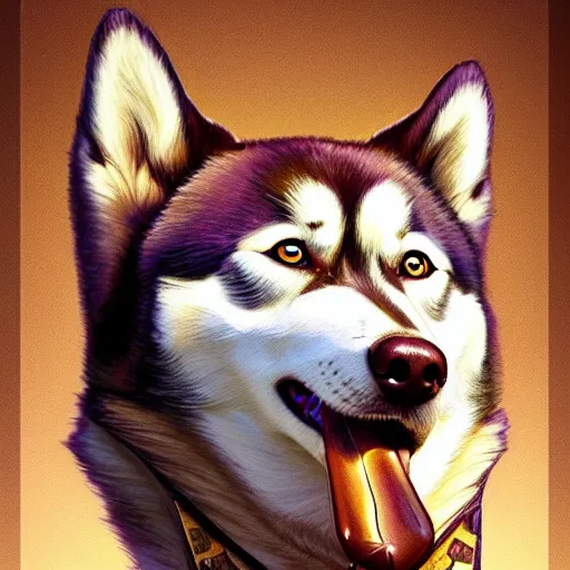 Image similar to beautiful detailed picture of a hershey bar in the shape of a husky, intricate, elegant, highly detailed, my rendition, digital painting, artstation, concept art, smooth, sharp focus, illustration, art by artgerm and greg rutkowski and alphonse mucha