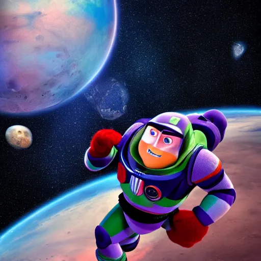 Prompt: a photorealistic photograph of a knitted Buzz Lightyear themed Captain America flying through outer space, Mars in distance, featuring shield - Trending on Artstation, featured on Behance, well-rendered, Unreal Engine, 4K HD