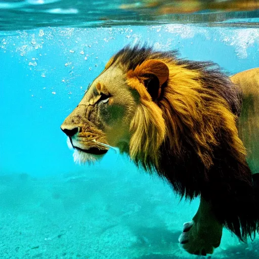 Image similar to photo of lion swimming underwater,