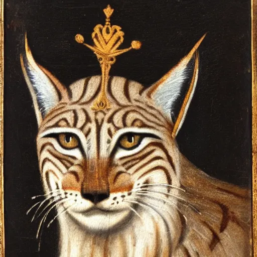 Prompt: renaissance style portrait of an lynx wearing a crown and a cape, dark background