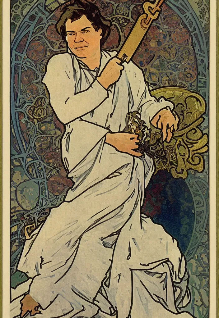 Prompt: Yann LeCun sitting on the throne on a tarot card, tarot in art style by Alphonse Mucha