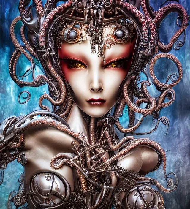 Image similar to photo 3 d rendering of a beautiful girl deity cyborg demon angel with tentacles epic photorealistic portrait in ito junji frank miller alex ross escher giger sorayama buddhist biopunk cosmic horror style depth of field lens flare leica zeiss detailed trending award winning on flickr