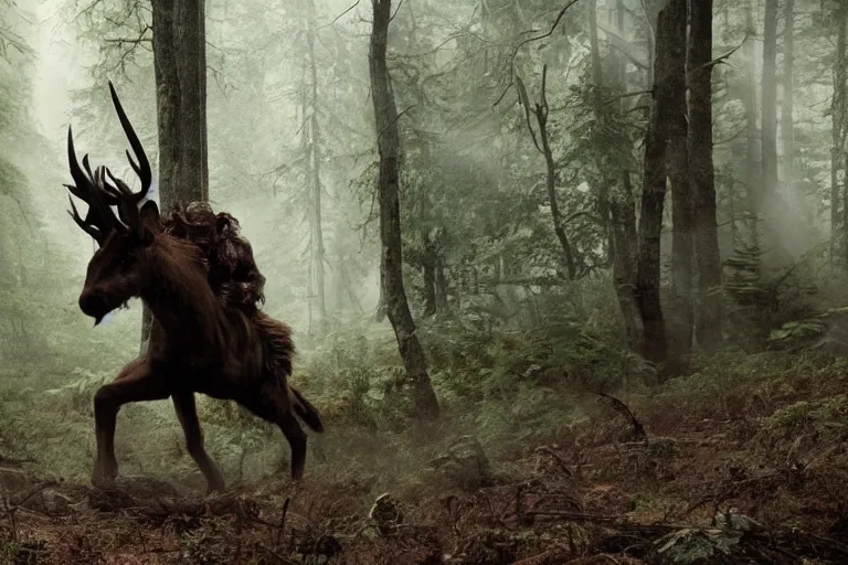 Image similar to vfx movie closeup detailed ancient warrior orc hunting elk in the forest, natural lighting by emmanuel lubezki