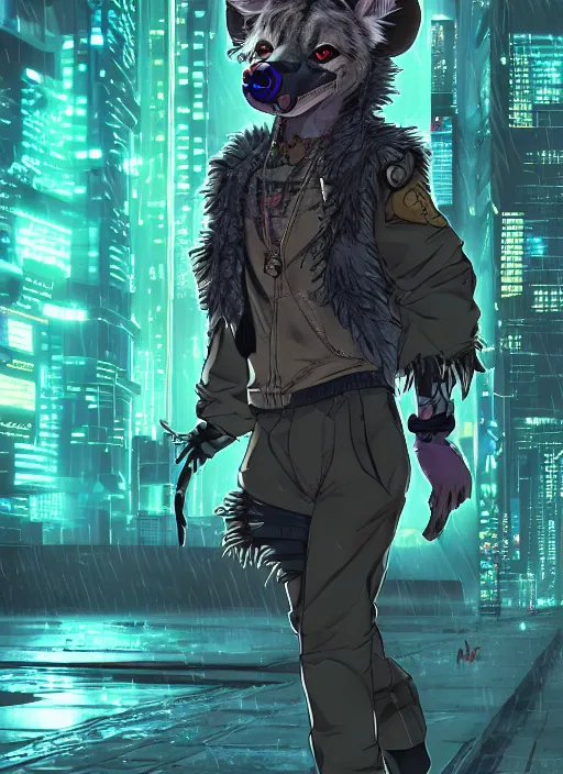 Image similar to character portrait of a male anthro hyena fursona with a tail and a cute beautiful attractive detailed furry face wearing stylish cyberpunk clothes in a cyberpunk city at night while it rains. hidari, color page, tankoban, 4K, tone mapping, Akihiko Yoshida. Nomax, Kenket, Rukis. comic book style, photorealistic, professional lighting, hyperdetailed, high resolution, high quality, dramatic, deviantart, artstation, 4k, real photo