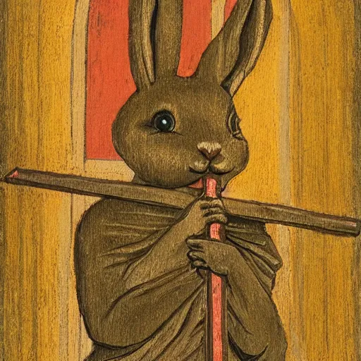 Image similar to a rabbit holding a cross, in front of an old wooden russian church, in the style of ilya repin
