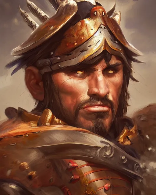 Prompt: illustration of an angry spanish conquistador in battle by filipe pagliuso and justin gerard, symmetric, anatomy, facial features, detailed, intricate, portrait, digital painting, princess mononoke color scheme, trending on artstation, masterpiece