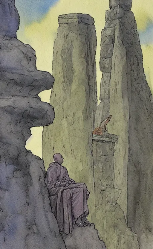 Image similar to a realistic and atmospheric watercolor fantasy concept art of giant monk with an elongated head in grey robes sitting in stonehenge. in the background a ufo is in the sky. by rebecca guay, michael kaluta, charles vess