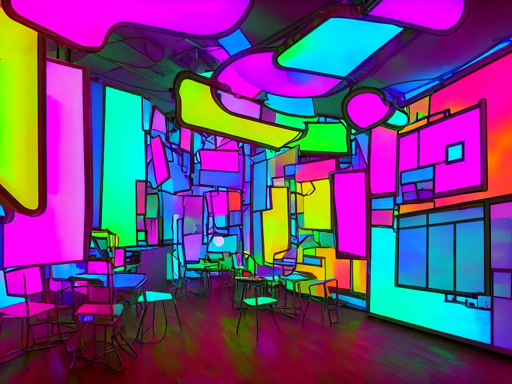 Image similar to room with overlaping curved translucent screens projecting art, large colorful art, pixel perfect image, high contrast, volumetric lighting, tiny neon light, chair, user, pair of keys