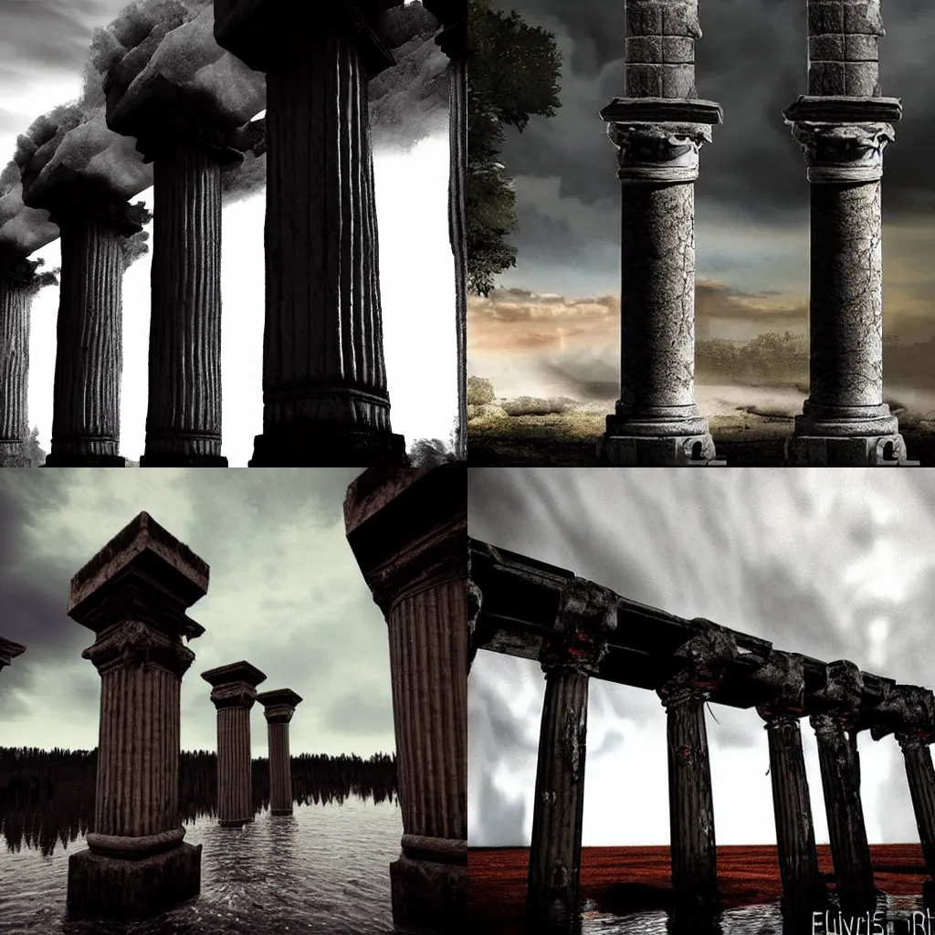 Prompt: old pillars supporting the sky over raging flood conflagration in the back, realistic, highly detailed, apocalyptic, epic lighting, epic scale