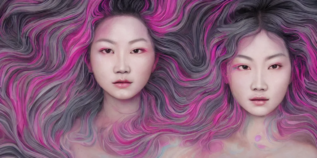 Image similar to a portrait of a very beautiful young asian goddess with pink and grey hair radiating an artwork made of swirling paint and impasto by wlop and botticelli, background is multicoloured volumetric displacement, hyperrealism, subsurface scattering, arnold render, noise to volume, 8 k, houdini, xparticles