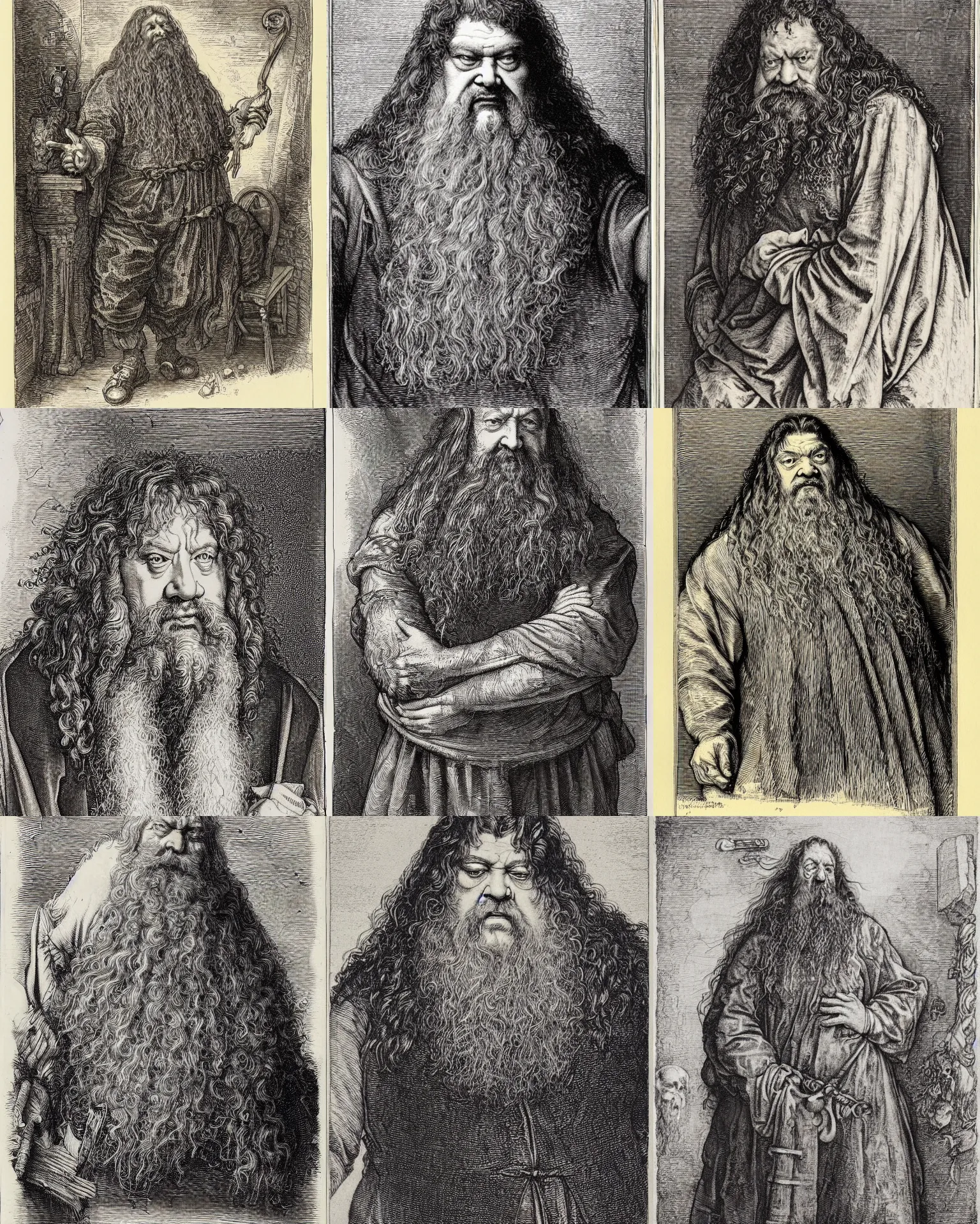 Prompt: an engraving of hagrid by albrecht durer, gustave dore, highly detailed, lithoraph engraving