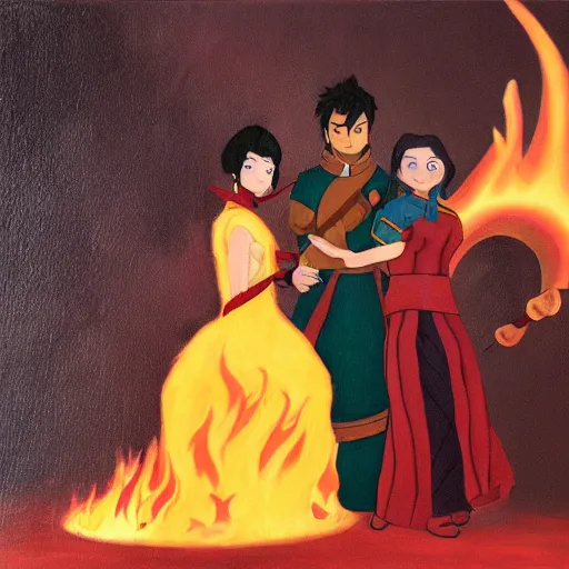 Image similar to oil painting of the wedding of fire lord zuko and katara in the fire nation, studio mir, oil painting