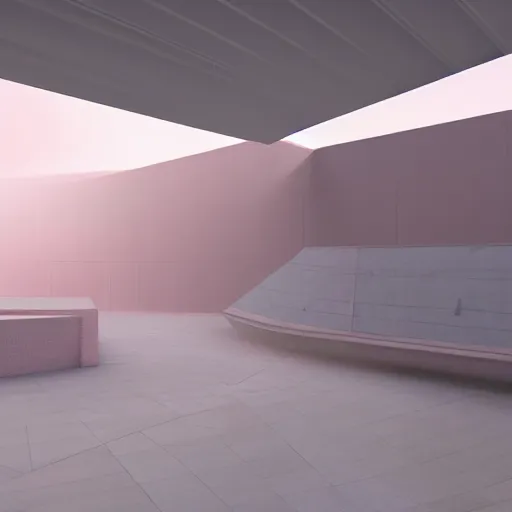 Image similar to parametric architecture, museum, concrete, facede fabric and mesh in faded pink, morning fog, blue hour, archviz, cgi, trending on artstation, corona renderer, unreal engine, ray tracing