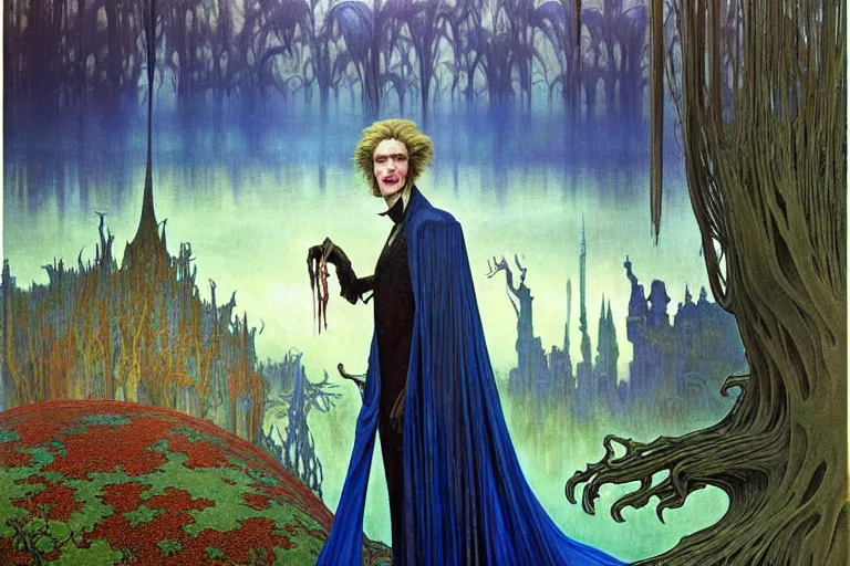 Prompt: realistic extremely detailed portrait painting of an elegantly creepy vampire man in a cape, futuristic sci-fi castle and forest on background by Jean Delville, Amano, Yves Tanguy, Alphonse Mucha, Ernst Haeckel, Edward Robert Hughes, Roger Dean, rich moody colours, blue eyes