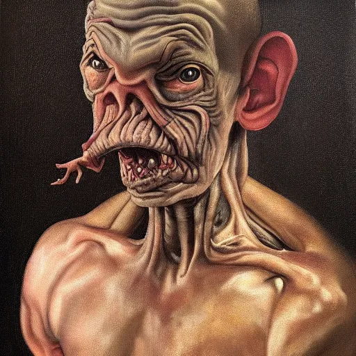 Image similar to oil painting by christian rex van minnen of a portrait of an extremely bizarre disturbing mutated man with intense chiaroscuro lighting perfect composition