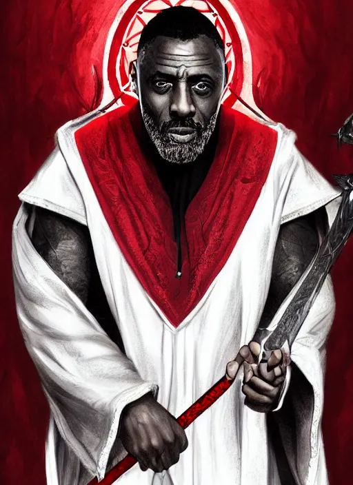 Image similar to a highly detailed illustration of idris elba as a sadistic white haired priest wearing red and white robe, dramatic smiling wielding blade of blood pose, gothic church background, intricate, elegant, highly detailed, centered, digital painting, artstation, concept art, smooth, sharp focus, league of legends concept art, wlop