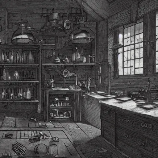 Prompt: inside a mysterious alchemist\'s laboratory, 70mm film, trending on artstation