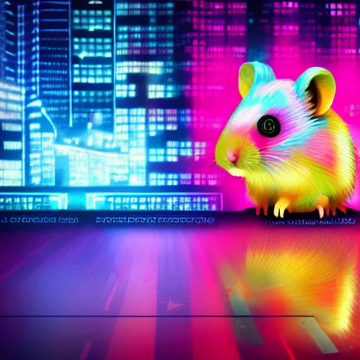 Prompt: rainbow hamster!! in a cyberpunk! city, neon lights, light reflection, logo, 8 k, hd