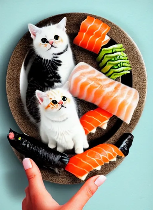 Image similar to clear photorealistic picture of adorable cats made out of sushi