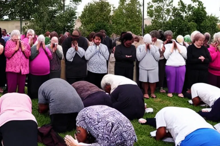 Image similar to people praying for god to resurrect a old lady