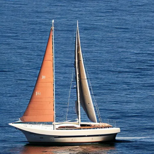 Image similar to frank lloyd wright designed sailing yacht seen in sydney harbor, telephoto, high resolution, highly detailed, intricate, beautiful, picturesque