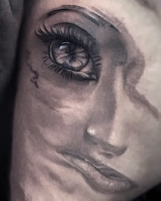 Prompt: tattoo design sketch of a beautiful blue - eyed woman face with a faded background of beautiful mountains on her side, hyper - realistic, in the style of den yakovlev, amazing detail, black and white