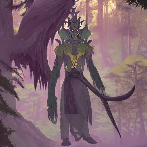 Image similar to concept art painting of an anthropomorphic dragon king with robes, a long dragon neck, and skull mask, in a deep forest, cel shaded, in the style of makoto shinkai and james gurney and studio ghibli and moebius