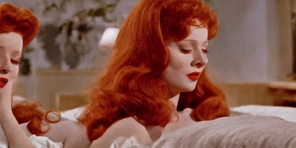 Prompt: a sad redhead is crying in her bed, heatwave, rays of light, douglas sirk still movie