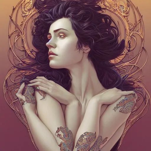 Prompt: a beautiful detailed front view portrait of a woman with ornate growing around, ornamentation, artgerm, joshua middleton comic cover art,