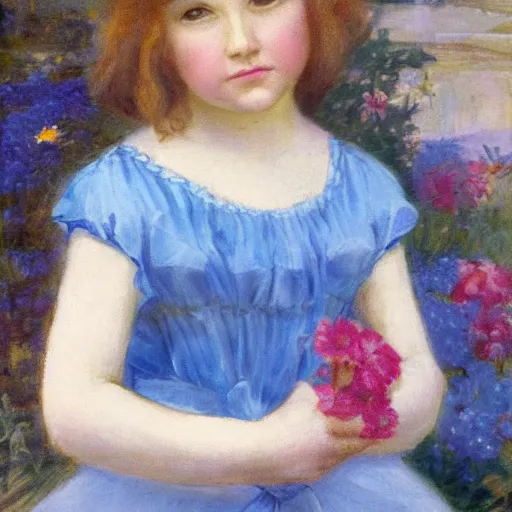 Image similar to beautiful girl, with flowers in her hand and a blue dress, Anderson Sophie