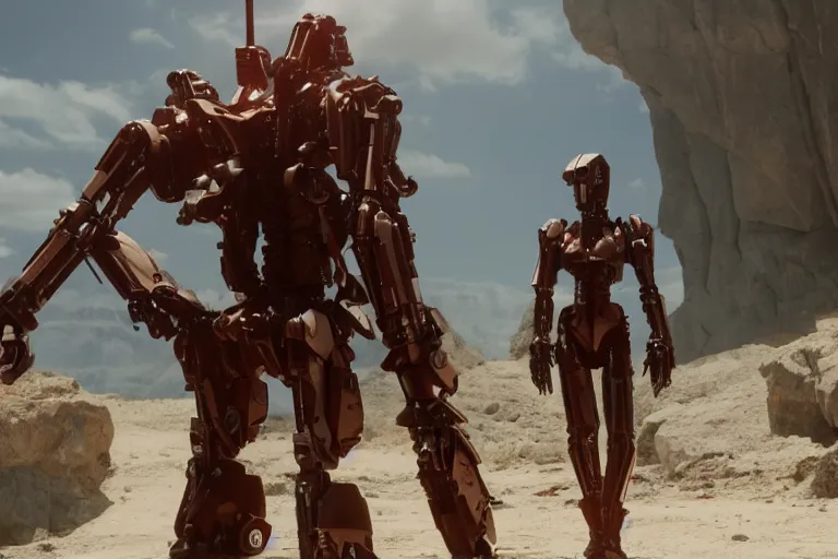 Image similar to a cinematic still from Westworld, red mech, armored core, octane render, nvidia raytracing demo, masterpiece